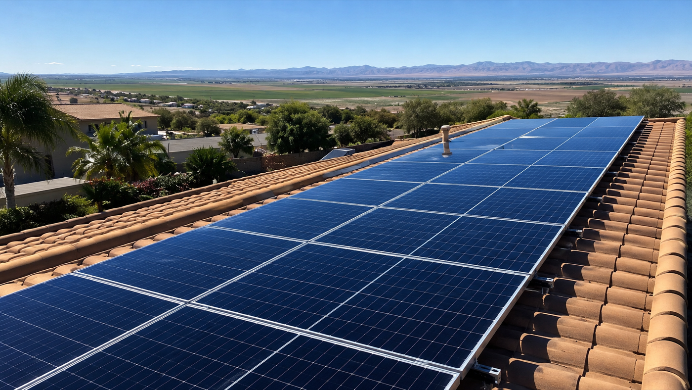 After cleaning: clean solar panels on a tile roof