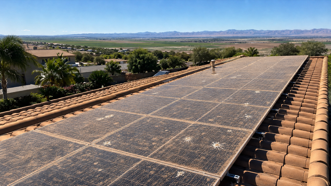 Before cleaning: dusty solar panels on a tile roof
