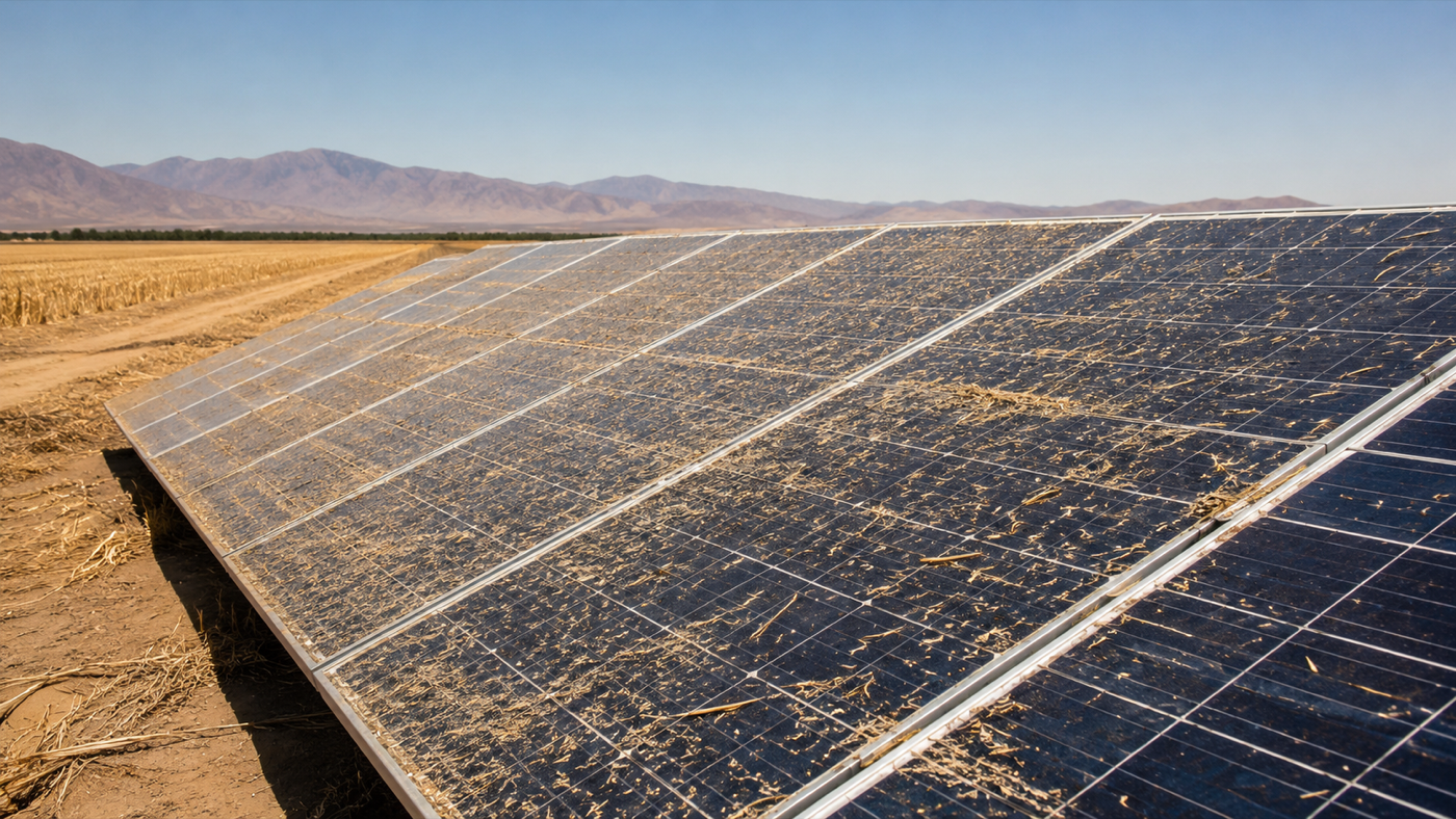 Solar panels with agricultural debris near fields