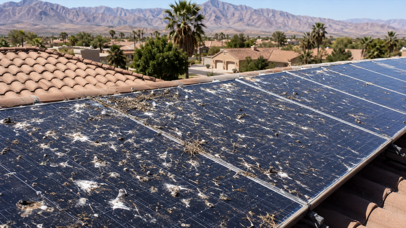Solar panels with bird droppings and debris