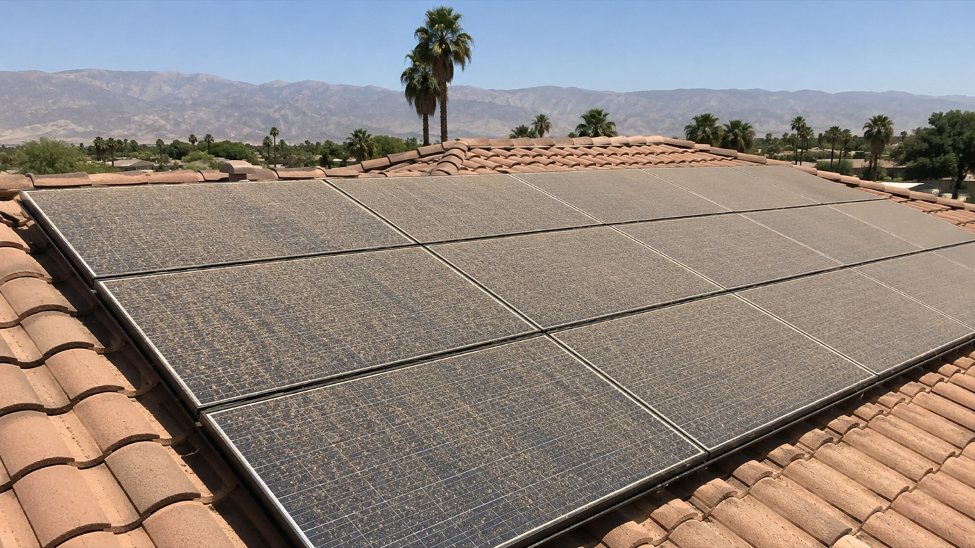 Solar panels covered with desert dust on a tile roof