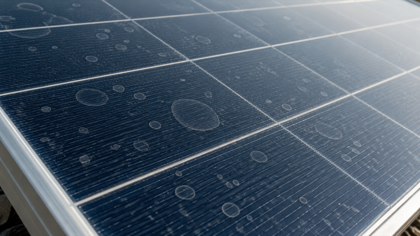 Close up of hard water spots on solar panel glass